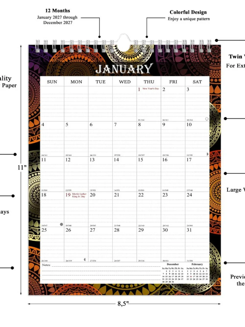 2027 Wall Calendar Spiral-bound Twin-Wire Binding - 12 Months 8.5